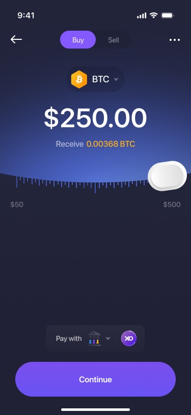 Mobile app screen showing the buy interface with amount selector and payment method