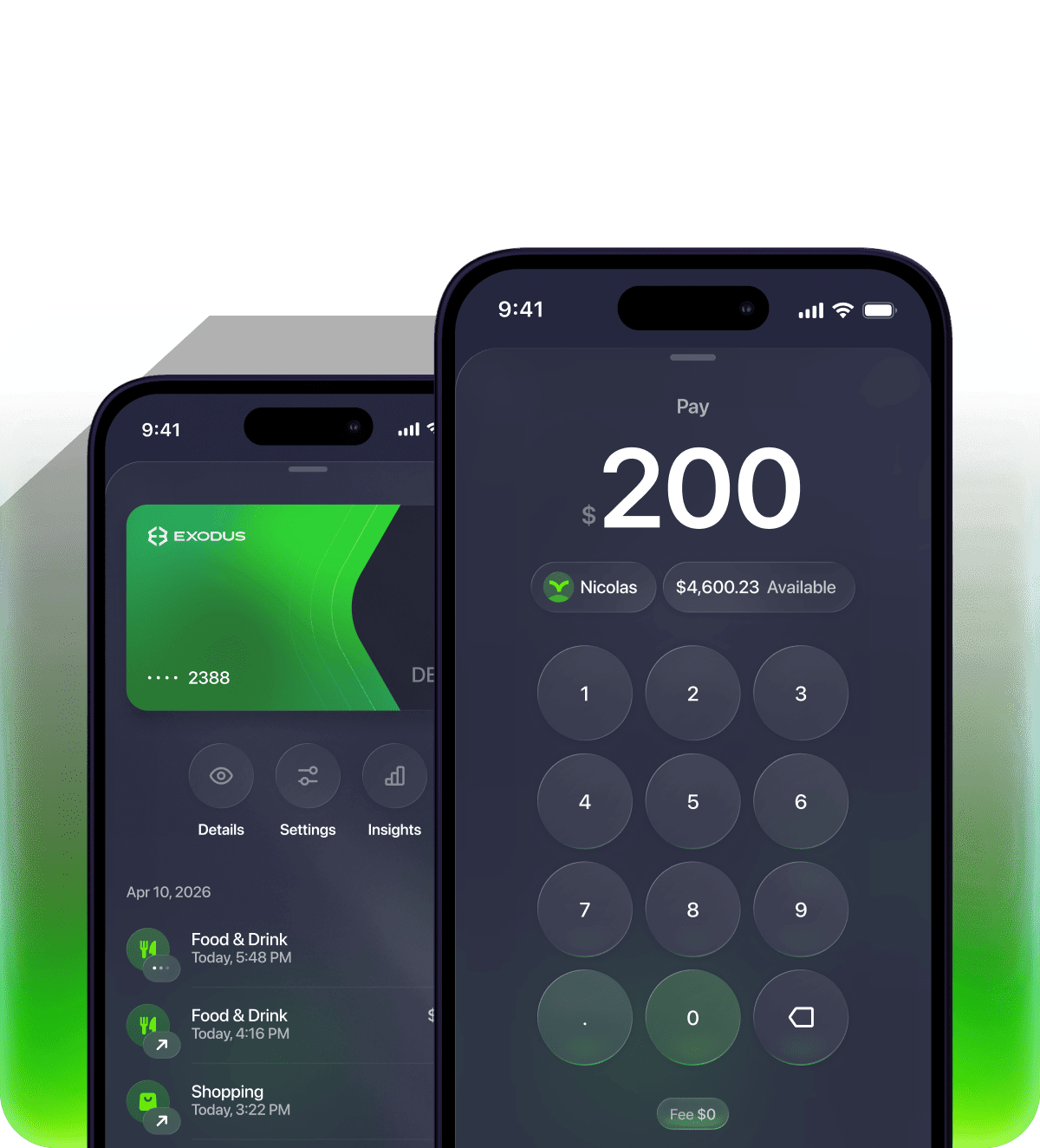 Exodus Pay app screens — Official Payments Partner of the UFC