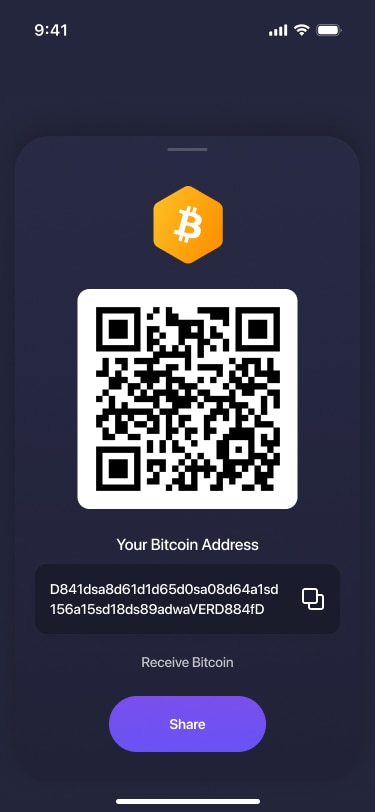 Mobile app screen showing a QR code and wallet address for receiving crypto