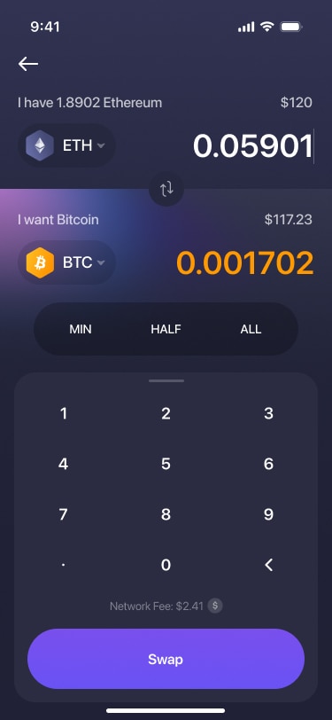 Mobile app screen showing the swap interface to exchange between two assets