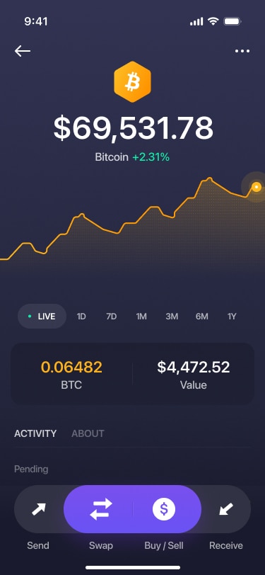 Mobile app screen showing asset price chart with live market data and portfolio value
