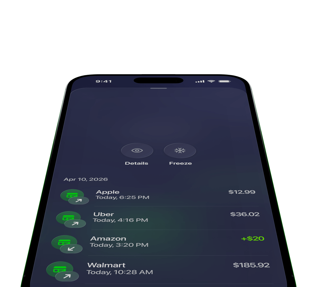 Exodus Pay Card spending screen