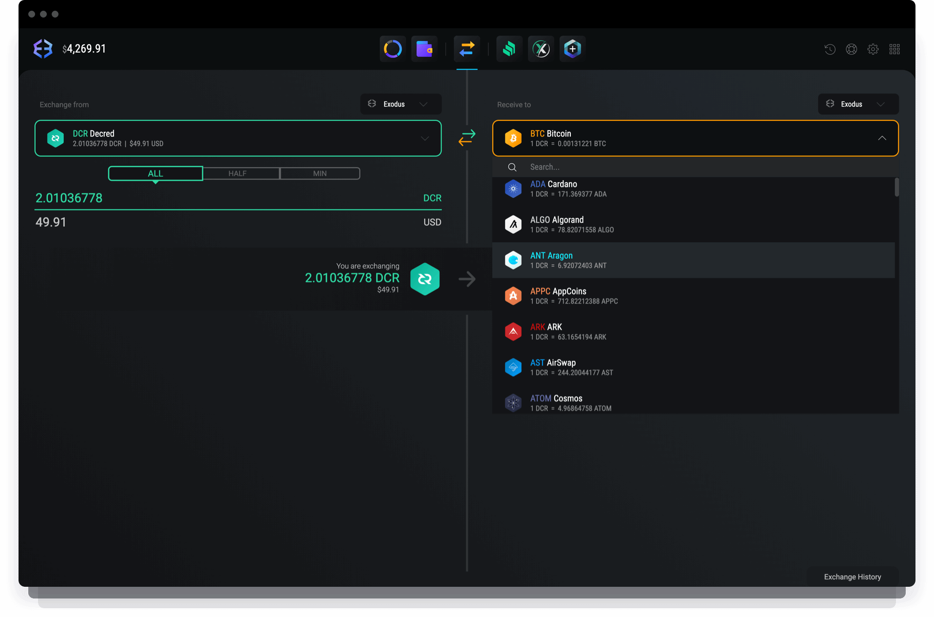 Use the Exodus DCR wallet to exchange DCR for other cryptos and vice versa
