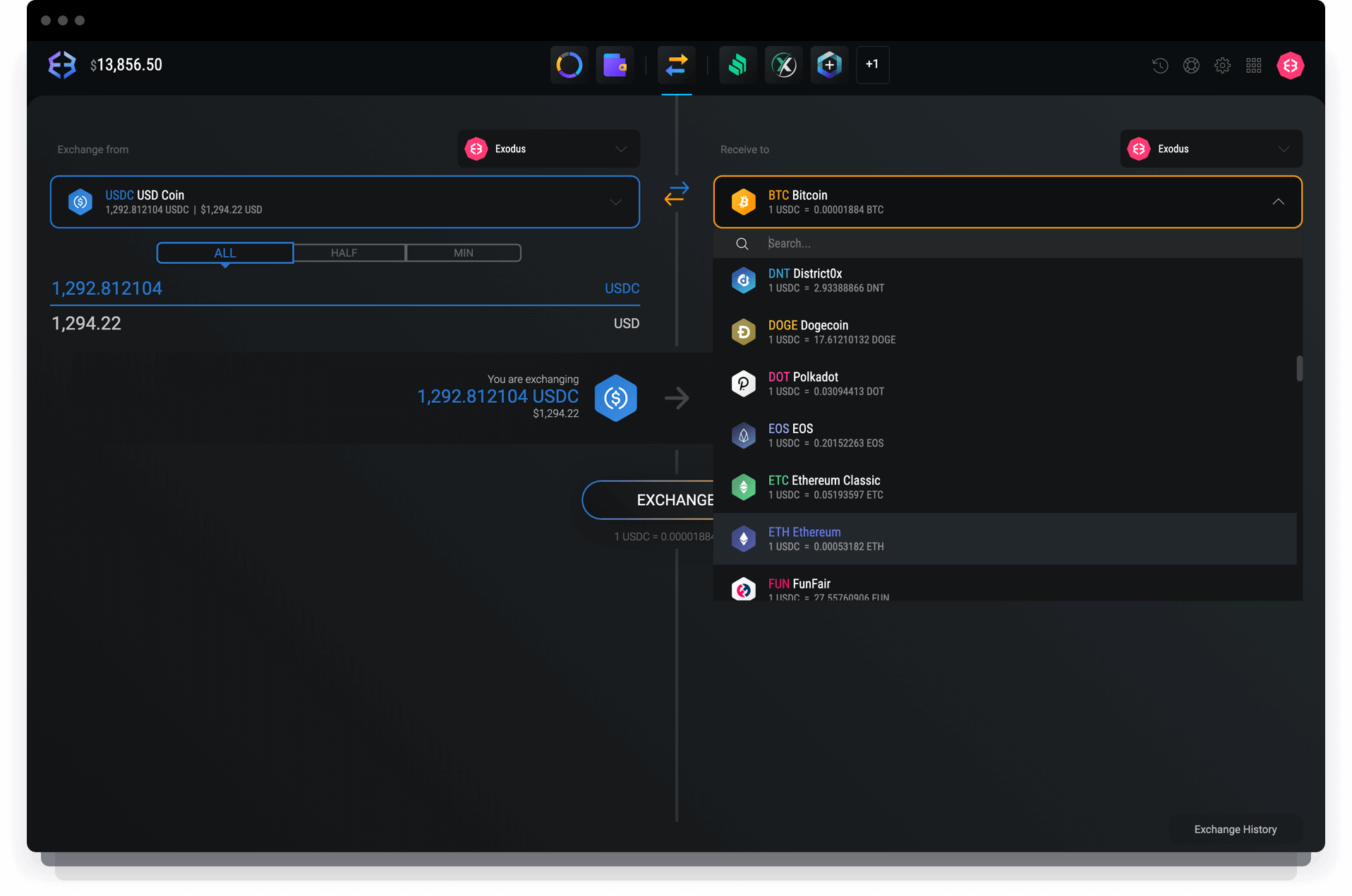 Use the Exodus USDC wallet to exchange USDC for other cryptos and vice versa