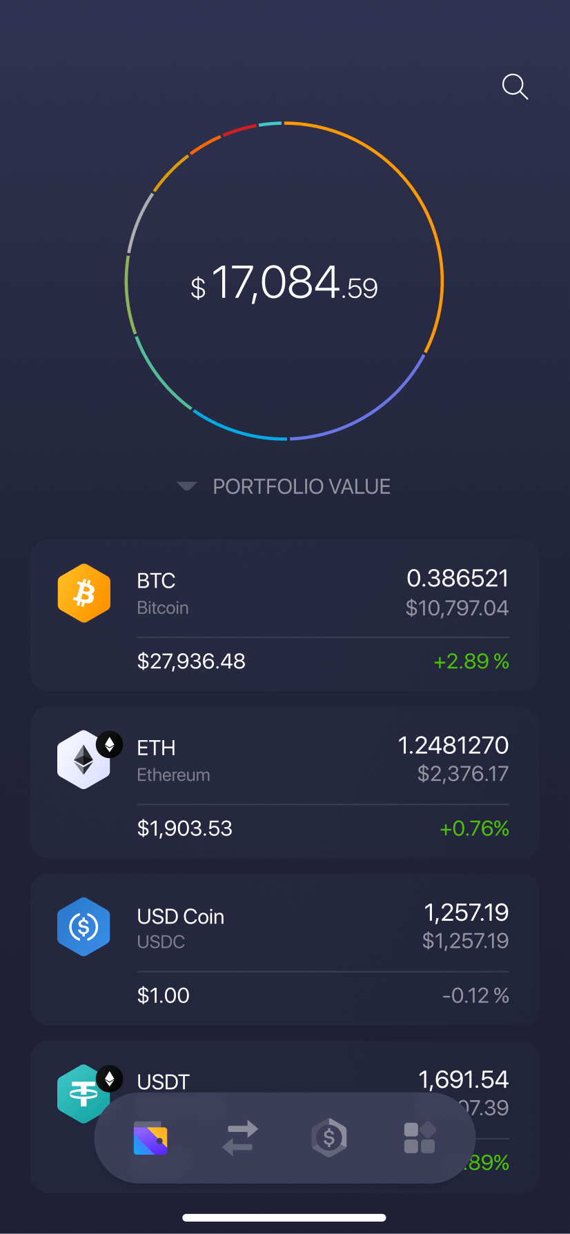 The Exodus mobile crypto wallet has a portfolio screen where you can easily visualize your holdings