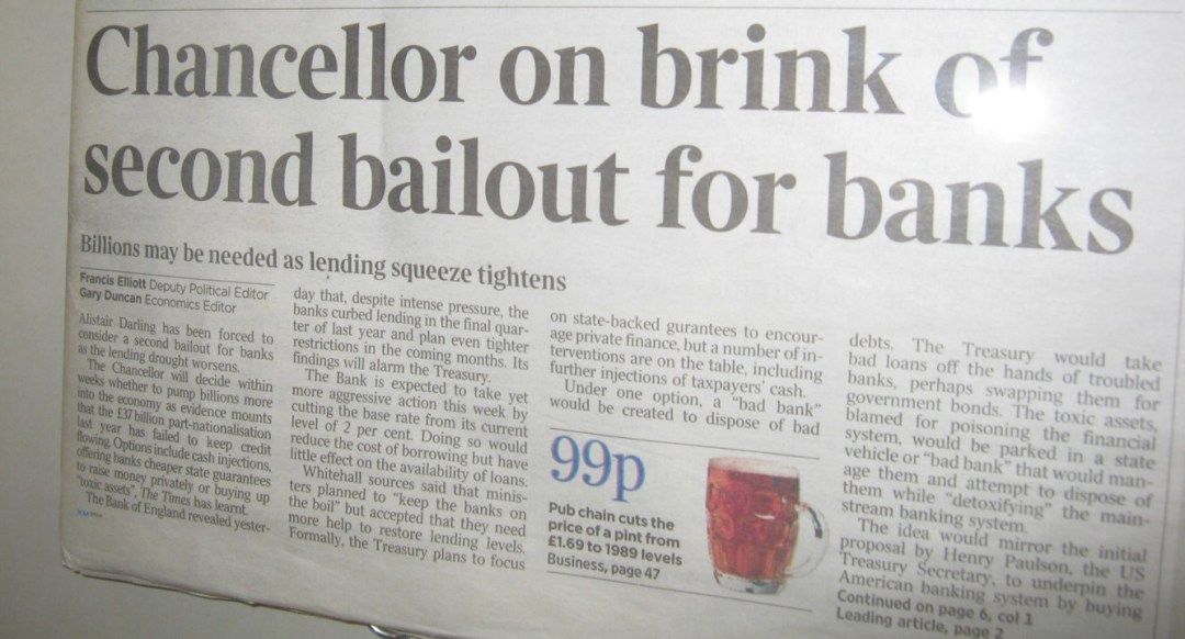 Paper clipping of The Times, January 3, 2009. Text included in Bitcoin genesis block.