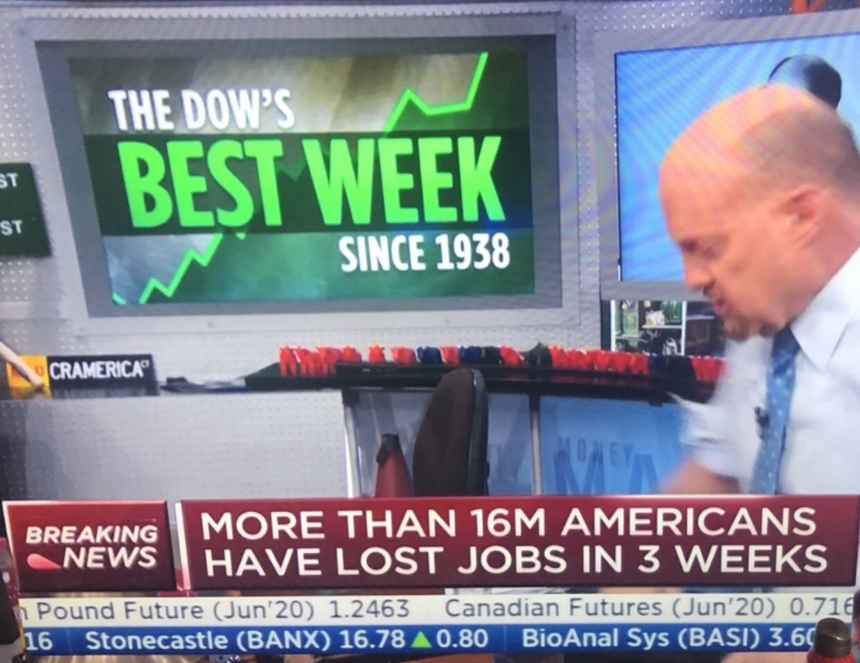corporate socialism at its finest - tens of millions of unemployed Americans but stock market has its best week since 1938