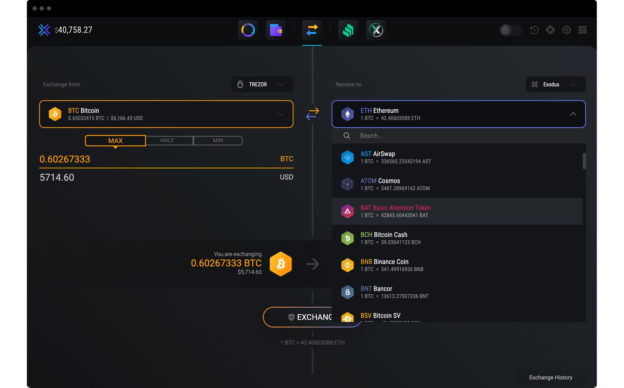 jaxx vs exodus - you can use exodus to exchange from a trezor hardware wallet